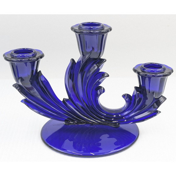 Fostoria Glass Baroque Regal Blue Cobalt 3 Light Candlestick Set of 2 Rare #2496 - Picture 8 of 12